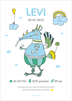 Geburtsdaten-Bild | Drache | blau