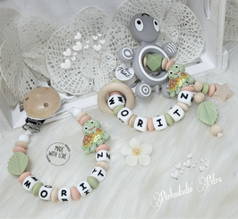 SILIKON/Holz Baby Set Silikon "Süsse Schildi" green/natur/peach