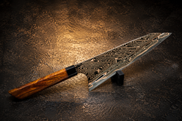 KIRITSUKE: Kupfer-Chevron-Damast, Hook-Grind rechts (Wüsteneisenholz dunkel)