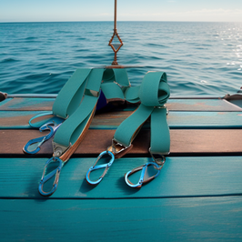 Bretelles  "Tahiti" en bleu lagon avec 4 mousquetons et 4 ajusteurs , hauteur 130 cm et largeur 25mm