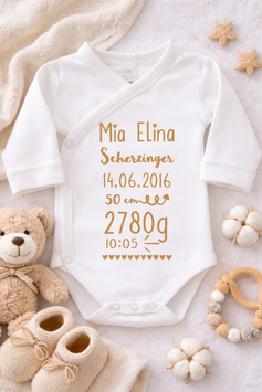 Body mit Geburtsangaben personalisiert gold, rosa, blau, schwarz, braun, mint, türkis, goldrosé