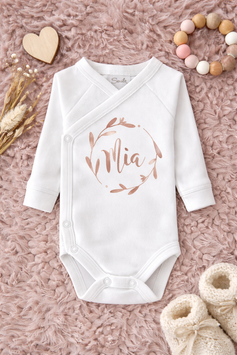 Body mit Name personalisiert Blätterkranz - goldrosé/gold/rosa/pink/schwarz/aubergine