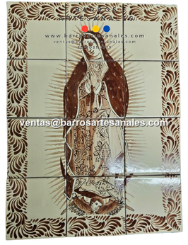 Virgen de Guadalupe Monocromática Chocolate Pintada y Horneada en Azulejo Artesanal tipo Tlalavera  sin realces de 10.5x10.5 MODELO LFC - 050