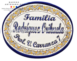 Placa Domiciliaria Realzada Plumeado Amarillo destellos terracota Ovalada