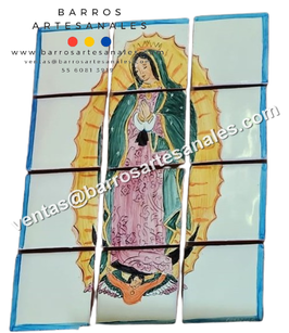 Virgen de Guadalupe Pintada y Horneada en Azulejo Artesanal tipo Tlalavera  sin realces de 10.5x10.5 MODELO LFC - 047