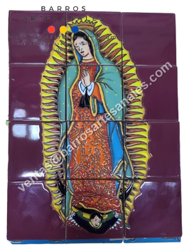 Virgen de Guadalupe Pintada y Horneada en Azulejo Artesanal tipo Tlalavera Realzado de 10.5x10.5 MODELO M-055