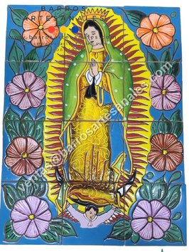 Virgen de Guadalupe Pintada y Horneada en Azulejo Artesanal tipo Tlalavera Realzado  en Azulejo de 10.5x10.5 MODELO: 302