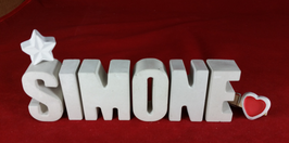 Beton, Steinguss Buchstaben 3D Deko Namen SIMONE als Geschenk verpackt mit Stern und Herzklammer!