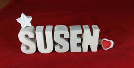 Beton, Steinguss Buchstaben 3D Deko Namen SUSEN als Geschenk verpackt mit Stern und Herzklammer!