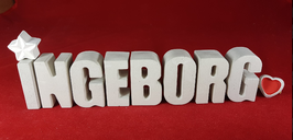 Beton, Steinguss Buchstaben 3D Deko Namen INGEBORG als Geschenk verpackt mit Stern und Herzklammer!