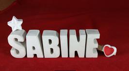 Beton, Steinguss Buchstaben 3D Deko Namen SABINE als Geschenk verpackt mit Stern und Herzklammer!