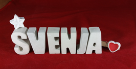 Beton, Steinguss Buchstaben 3D Deko Namen SVENJA als Geschenk verpackt mit Stern und Herzklammer!