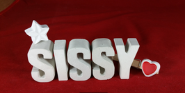 Beton, Steinguss Buchstaben 3D Deko Namen SISSY als Geschenk verpackt mit Stern und Herzklammer!