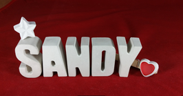 Beton, Steinguss Buchstaben 3D Deko Namen SANDY als Geschenk verpackt mit Stern und Herzklammer!
