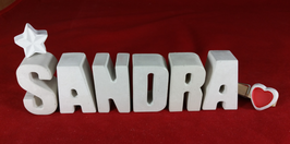 Beton, Steinguss Buchstaben 3D Deko Namen SANDRA als Geschenk verpackt mit Stern und Herzklammer!