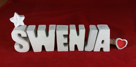 Beton, Steinguss Buchstaben 3D Deko Namen SWENJA als Geschenk verpackt mit Stern und Herzklammer!