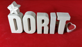 Beton, Steinguss Buchstaben 3D Deko Namen DORIT als Geschenk verpackt mit Stern und Herzklammer!