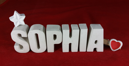 Beton, Steinguss Buchstaben 3D Deko Namen SOPHIA als Geschenk verpackt mit Stern und Herzklammer!