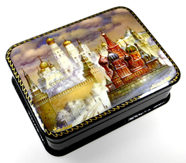 Basilius Kathedrale und Moskauer Kreml - Russische Schatulle Lackdosen Fedoskino, Artikel KIR10