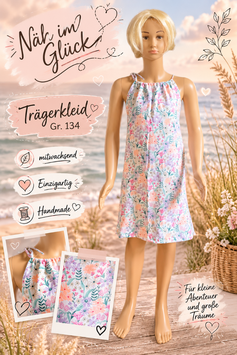 Handamde Trägerkleid Gr. 134 Blumen Jersey mitwachsend