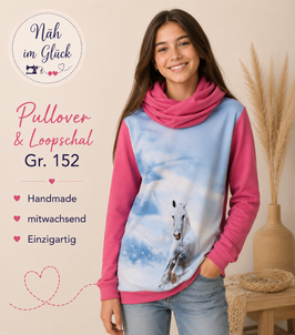 Handmade Pullover & Loop Gr. 152 Pferde/lachsfarben mitwachsend