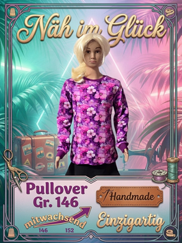 Handmade Pullover Gr. 146 Blumen/lila mitwachsend