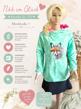 Handmade Hoodie Gr. 152 grün/Bügelbild Fuchs French Terry - mitwachsend