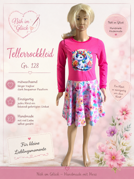 Handmade Tellerrockkleid Gr. 128 langarm Blumen/Bügelbild Einhorn Jersey mitwachsend