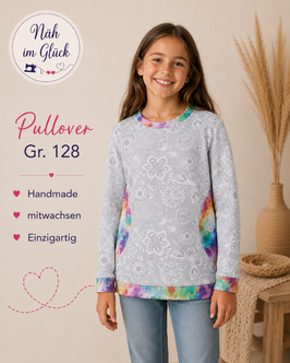 Handmade Pullover Gr. 128 weiß/grau bunt French Terry mitwachsend