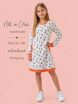 Handmade Kleid Gr. 140 cremeweiß Pusteblume/orange mitwachsend