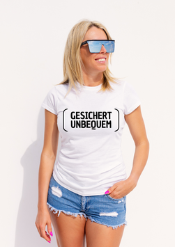 Damenshirt weiß „gesichert unbequem“ - mit Österreich ist Frei Logo am Ärmel