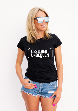 Damenshirt schwarz „gesichert unbequem“ - mit Österreich ist Frei Logo am Ärmel
