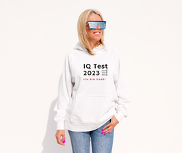 Damenhoody weiß „IQ-Test 2023“ - mit Österreich ist Frei Logo auf Kapuze