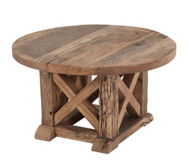 Mittelalterlicher Couchtisch „Mondenzorn“ mit runder Tischplatte und Kreuzbalken-Gestell aus antiker Eiche.