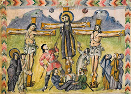 Rabbular-Evangeliar (586), Kreuzigung / Città del Vaticano, Biblioteca Apostólica Vaticana. Quelle: Wikipedia / Genadii Saus i Segura