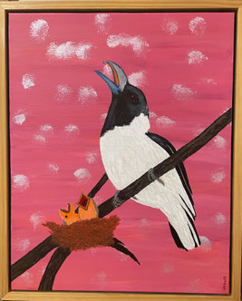 "Butcher Bird Singalong" 45cm x 55cm Acrylic on canvas, pinewood frame $300 (excluding freight)