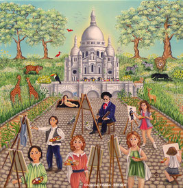 102- LES PEINTRES AU SACRÉ COEUR Christine Fraga Frénot ART NAIF tableau carré  -  signé CF    huile sur toile 50x50cm