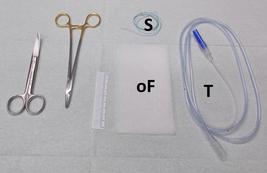 Material for construction of an OFD: openpore Drainagefilm (oF, CNP Drainagefilm Lohmann&Rauscher), gastro-duodenal tube (T), suture (S)