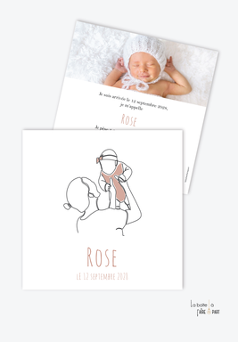 faire part naissance fille-format carré-dessin au trait -bebe-maman-mere-noud papillon-Line art