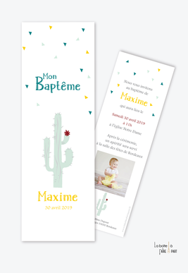 Faire part bapteme garçon cactus fleuri pastel-jaune et vert