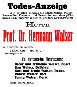 Todesanzeige von Hermann Walser, Der Bund, 3.5.1919