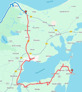 Unsere heutige Tour: ca. 60 km - von Raehr über Thisted bis Eyerslev