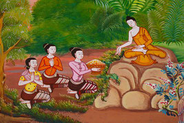 Dessins représentant trois méditants, assis en tailleur, face à un sage asiatique assis sur un rocher