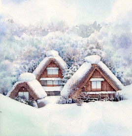 水彩画「雪の白川郷」