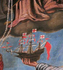Sainte Catherine tend à la Vierge la maquette d'un navire qui porte le pavillon génois