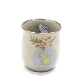 九谷焼『お湯呑』小 白兎しだれ桜『中裏絵』(緑)