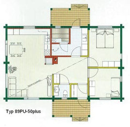 Blockhaus Wittenberge als Wohnhaus - Typ 89PU-50plus  -  Holzhaus in massiver Blockbauweise für eine kleine Familie bis drei Personen - Niedrigenergiehaus -  Bungalow - 50plus - Zweitwohnsitz -  Singlehaus 