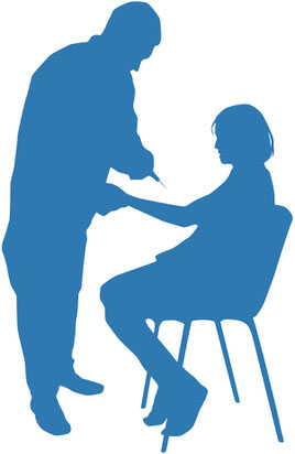 Grafische Darstellung: Eine sitzende Person bekommt von einer stehenden Person eine Injektion in den Arm verabreicht.