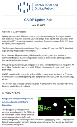 CAIDP Update 7.41 - AI Policy News (Nov. 10, 2025)