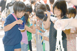 流しそうめんを味わう児童たち=18日、新川小学校